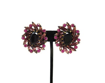 Vintage Bronze Tone Purple Navette Rhinestone Statement 1.5" Clip On Earrings