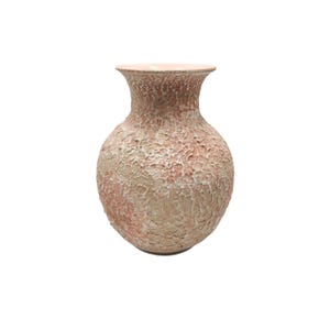May include: A textured, decorative vase with a rounded body and a flared rim. The vase has a neutral color palette with shades of beige, pink, and white. The surface has a rough, uneven texture, adding visual interest. This vase is suitable for home decor.