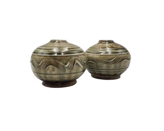 Pair of Vintage Stary / Story Signed Green Glaze Round 3" Stoneware Art Pottery Bud Vases