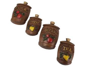 Set of 4 1960's Sexton Made in USA Cast Iron Metal Faux Wood Flour Coffee Sugar Tea Canisters Kitchen Wall Decor