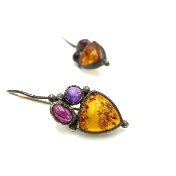 Pair of Vintage Sterling Silver Amber Garnet Amethyst Stone 1.5" Pierced Artisan Dangle Earrings