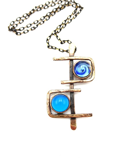 Handmade Brutalist Industrial Copper Blue Glass C… - image 3