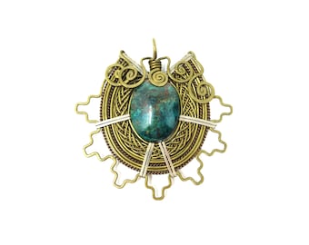 Vintage Handmade Brass Bronze Woven Wirework Wire Wrapped Blue Green Stone Pendant