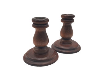 Pair of Vintage Dark Wooden Boho / Bohemian 4.5" Candlestick Holders