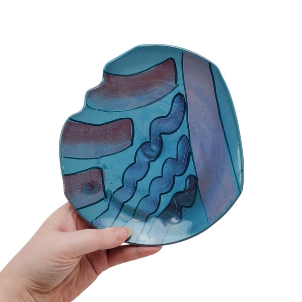 Vintage Earthworks Studio Teal Purple Blue Abstract / Geometric Art Pottery Trinket Dish Decorative Plate