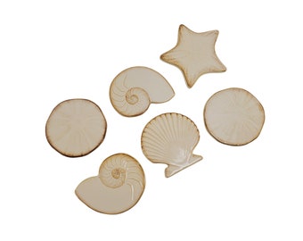 Set of 6 Cream Beige Seashell Starfish Sand Dollar Nautilus Nautical Ocean Beach Ceramic Cork Bottom Coasters