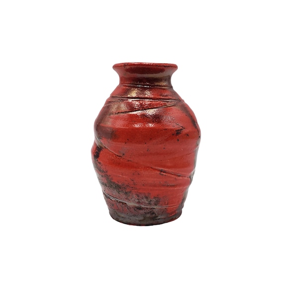 Vintage Handmade Red Orange Metallic Bronze / Brown Black 5.5" Raku Pottery Bud Vase