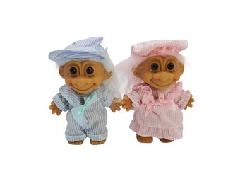 Vintage Pair of Russ Berrie Blue and Pink Boy and Pink Girl 6&quot; Troll Dolls with Striped Pajamas
