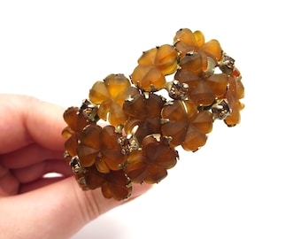 Vintage Autumn / Fall Mayorka Style Orange Frosted Glass Lucky Four Leaf Clover Cluster Rhinestone 6.5" Clamper Bracelet