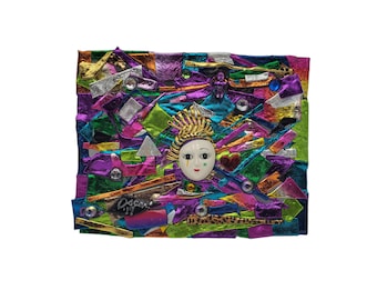 Handmade Oscar Artist Signed Iridescent Colorful Rainbow Avant Garde Mardi Gras 8.5x6.5 Mask Mixed Media Collage Art