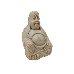 Vintage schwere handgefertigte creme / beige glückliche Buddha lächelnd geprägte Blumen & Drachen Statue / Figur