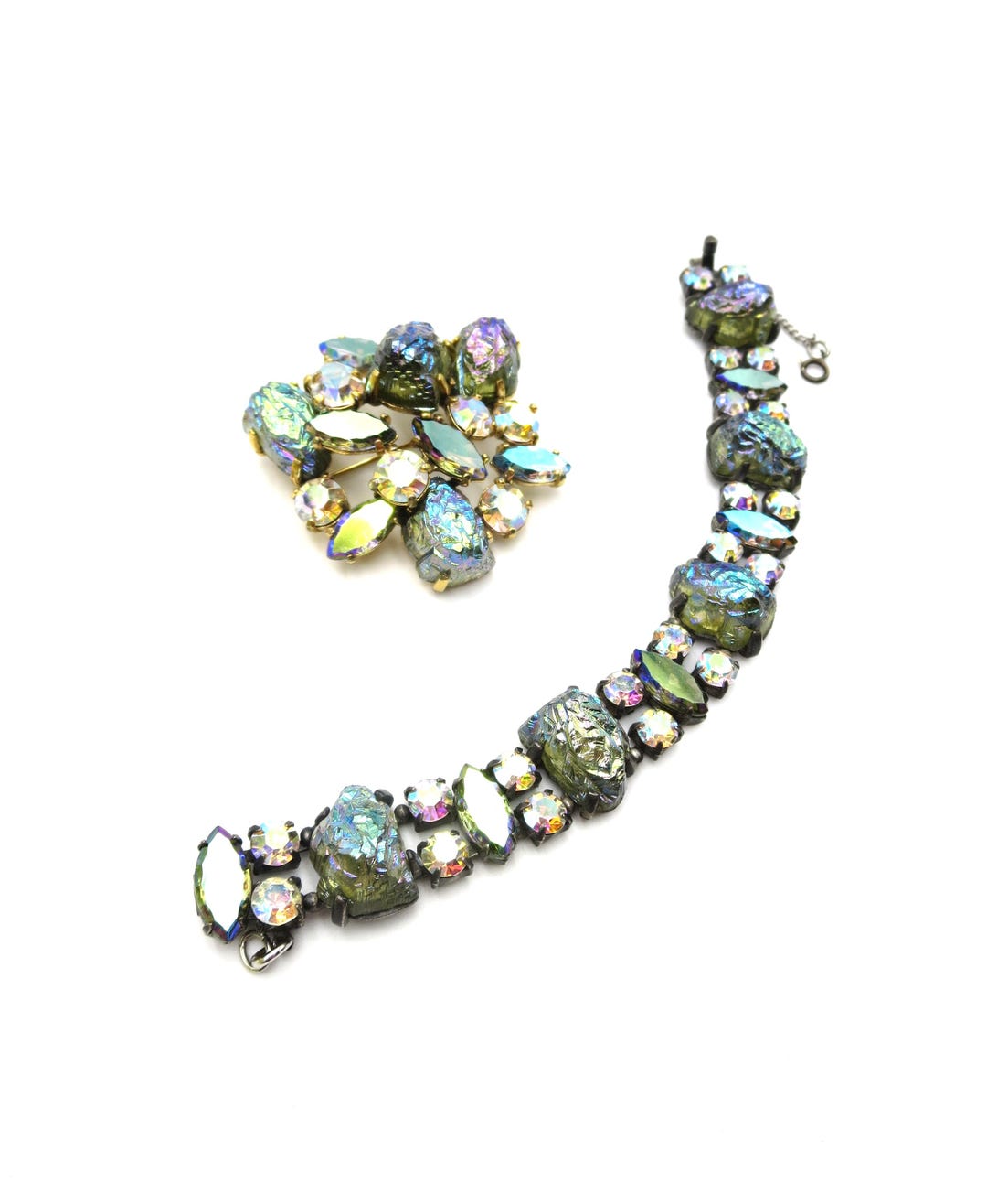 Vintage Elsa Schiaparelli Signed Iridescent Green Molded Glass