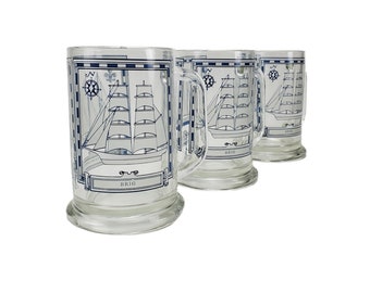 Set of 3 Vintage Georges Briard Nautical 3 Masted Staysail Schooner Sailing Ship 16oz Clear Glass Pint Mugs Glasses
