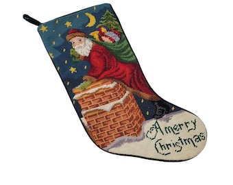 Vintage A Merry Christmas Santa Chimney Starry Night 100% Wool & Cotton 10x20 Needlepoint Unisex Stocking