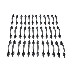 May include: A collection of dark grey cabinet pulls with a leaf design. The metal pulls are arranged in rows and columns against a white background. Each pull has a curved handle, and they are designed in an antique style. The pulls are made of metal.
