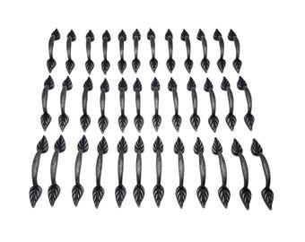 Dark Gunmetal Gray Metal Leaf 5" Lot of 32 Distressed Metal Drawer Kitchen Cabinet Pulls Includes Hardware Whimsical Nature Natural