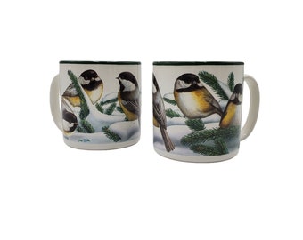 Pair of Vintage 1990s Potpourri Made in Korea CE Pearson Chickadee Birds 12oz Unisex Mugs Ornithology