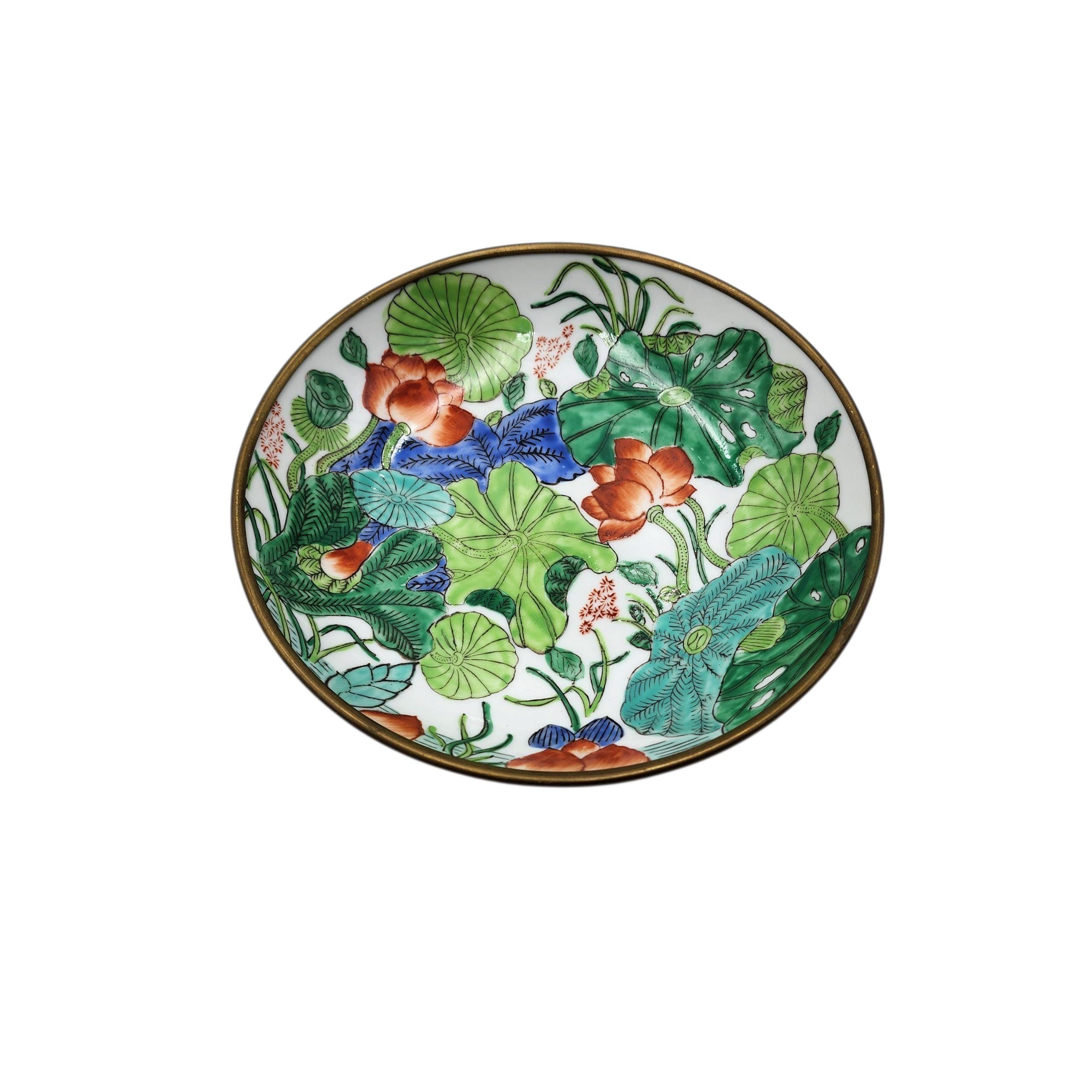 香港製ヴィンテージ真鍮ケース入り7.5インチ丸型植物観葉植物陶器装飾