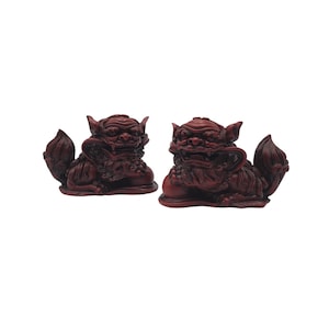 Pair of Vintage Red Resin Composite Faux Cinnabar Oriental Chinese Foo Dog Guardian Lion Red Rhinestone Eyes Figurines
