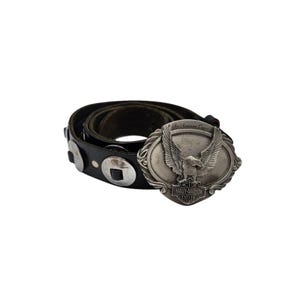 Vintage Harley Davidson 2000s Y2K Black Leather Silver Tone Conch Size 42 Unisex Belt & Pewter Harley Eagle Belt Buckle
