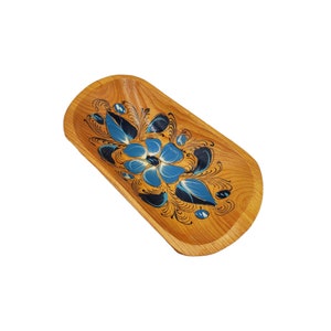 Vintage Hand Painted Mexican Folk Art Blue Floral 8x4 Batea Tole Wooden Trinket Bowl