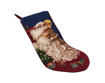 Tapiz de punto de aguja vintage de Papá Noel, renos, trineo, árbol de Navidad y regalos, terciopelo rojo, 28 x 46 cm, calcetín navideño decorativo, China