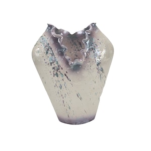 Vintage Michael Anthony 1980s 1990s Teal Purple White Splatter Ceramic Ruffle 12&quot; Art Pottery Vase
