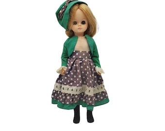 Vintage 1960s Effanbee Green Black White Polka Dot Dress 14" Blonde Hair Blinking Eyes Baby Doll
