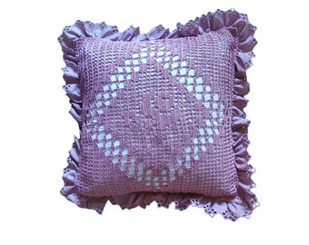 Vintage Handmade Mauve Pink and White Crocheted Lace Doily 13x13 Square Decorative Ruffle Pillow