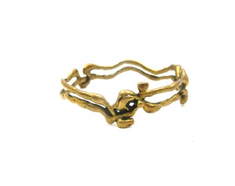 Vintage Brutalist Industrial Brass Bronze Abstract 7.25" Unisex Masculine Bangle Bracelet