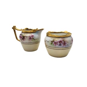 Vintage T&V Limoges France Hand Painted Pink Floral Gold Gilded Porcelain Sugar and Creamer Set READ