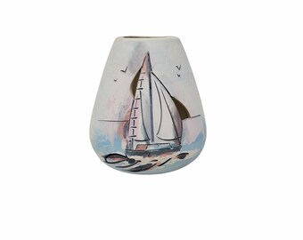 Vintage Handmade Pink, Black & Blue Sailing / Sailboat Ocean Nautical 6" Cutout Ceramic Relief Vase