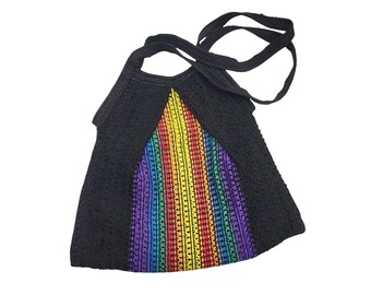 Vintage Boho Eclectic Black & Rainbow Striped Knit Crocheted Unisex Shoulder Tote Bag Purse Pride LGBTQIA