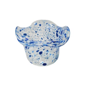Vintage Artist Signed Hand Blown Blue and White Confetti / Spotted Ruffled Edge Art Glass Bowl