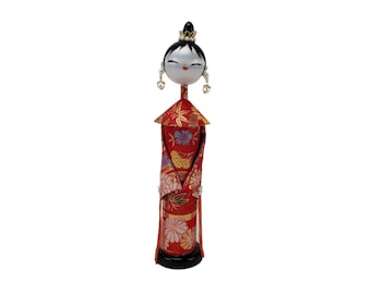 Vintage Oriental Japanese Lightweight Smiling Pearlized Head with Earrings Standing 9.5" Kokeshi Geisha Figurine