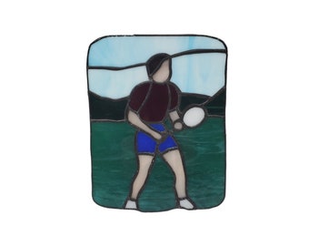 Vintage Handmade Blue Green Brown Stained Glass Tennis Player Unisex Reversible 7.5x5.25 Rectangular Glass Decor