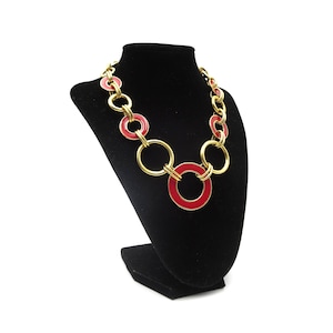 Vintage Trifari 1980s Gold Tone Red Enamel Circles Extendable 18&quot; Statement Necklace