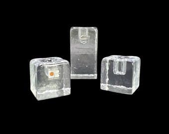 Vintage Blekno MCM Graduated Set of 3 Ice Cube Clear Glass 4" and 2" Taper Candlestick Holders