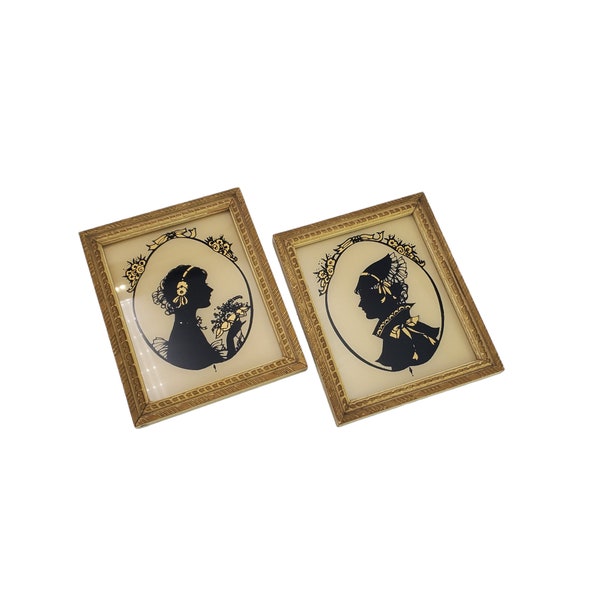 Pair of Vintage Victorian Style Reliance Picture Frame Co Black Reverse Painted Figural Silhouette 6x5 Gold Framed Pictures Gallery Wall