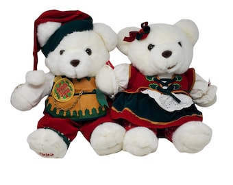 Vintage Christmas / Holiday 1995 Kmart Santa's Magical Toyshop Santa Time Boy and Girl 16" White Plush Bears Set