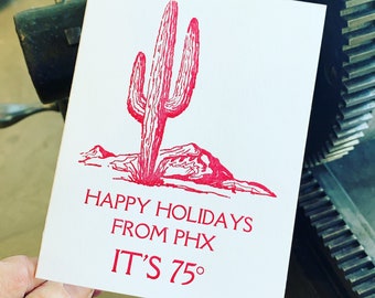 Happy Holidays from Phoenix, Southwest Christmas, letterpress holiday card, cactus holiday, 74degrees