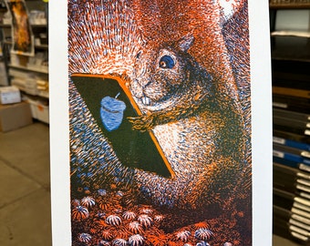 Eric Lindquist artist, Woodcut, Squirrel checking his email, Acorn Phone, 3 color letterpress print.