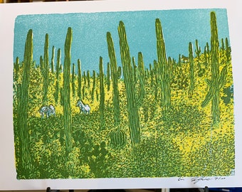 Eric Lindquist artist, Woodcut, Burros print, 3 color letterpress print, blue sky print, new house print, Arizona print, cactus print