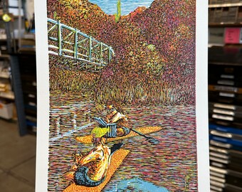 Eric Lindquist artist, Woodcut, Canyon Lake, AZ Bridge/ Paddleboards, 3 color letterpress print, blue sky print, Arizona print.