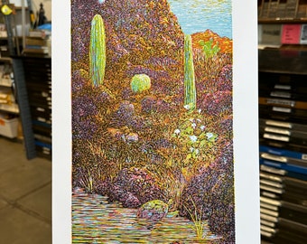 Eric Lindquist artist, Woodcut, Canyon Lake, AZ with Turtle, 3 color letterpress print, blue sky print, Arizona print.