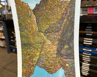 Eric Lindquist artist, Woodcut, Canyon Lake, AZ paddleboards, 3 color letterpress print, blue sky print, Arizona print.