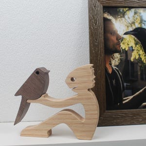 Wooden Bird and Man Figurine Personalized Engraved Gift Box Handmade Rustic Oak Statue Collectible Sculpture