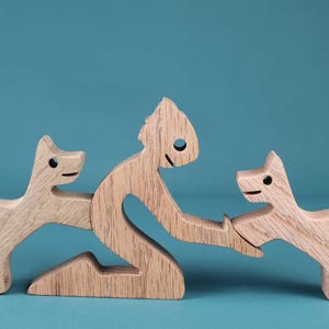 Artisanal Rustic Wood Boy with Dogs Sculpture – Sentimental Dog Lover Gift, Handcrafted Wooden Figurine Home Decor