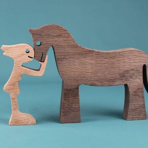 Elegant Oak Wood Girl and Horse Sculpture - Minimalist Art Decor Gift Nature Lovers Scroll Saw Wooden Figurine