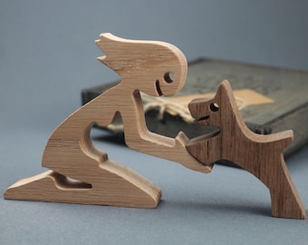 Oak Girl and Dog Sculpture: Handcrafted Wooden Art, Pet Memorial